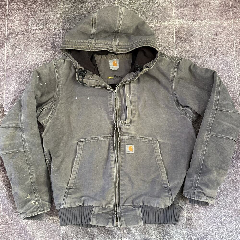 Men's Carhartt Washed Duck Canvas Fleece Lined Gray Detroit Hooded Jacket Sz M